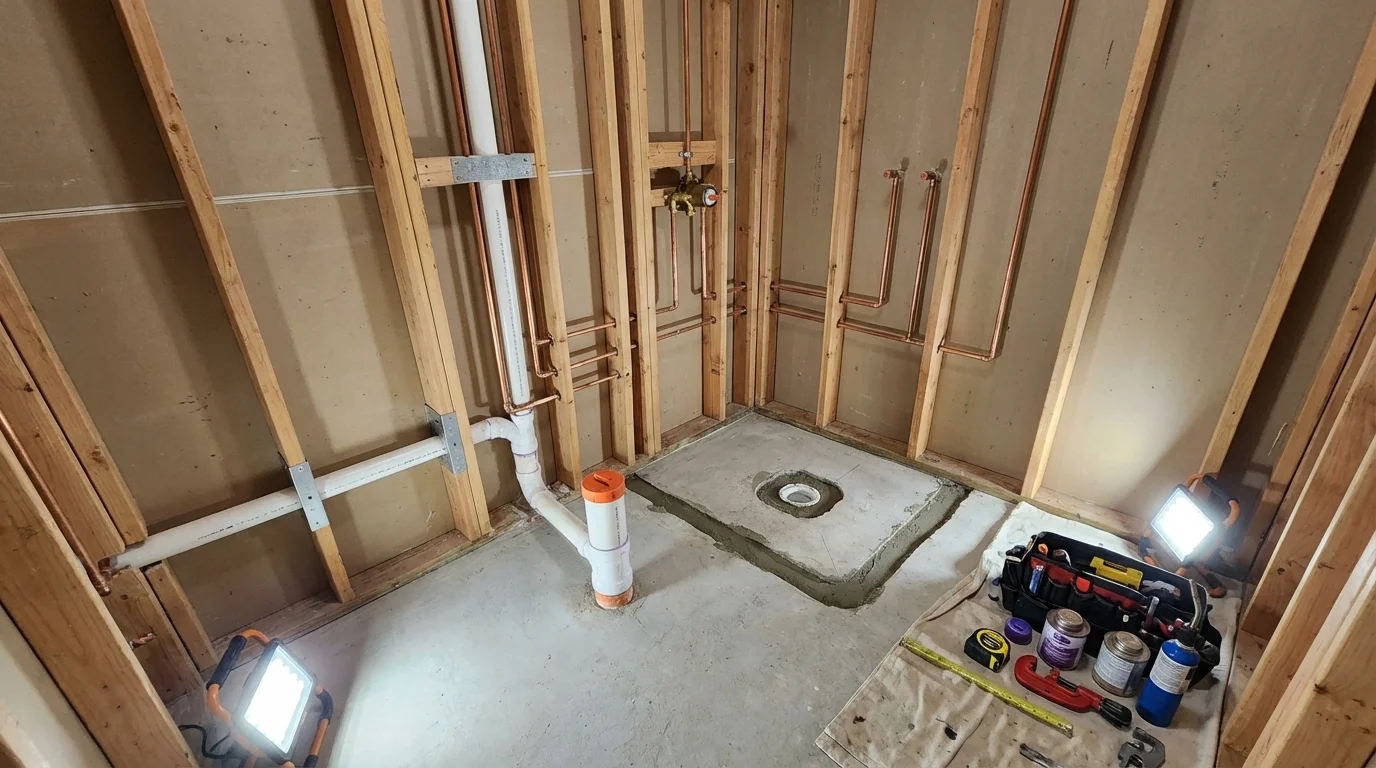 Bathroom rough-in plumbing during remodel by Johns Plumbing LLC in East Palatka
