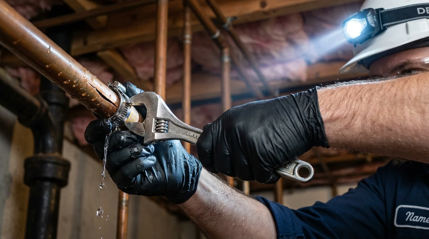 Emergency pipe clamp repair being performed by a Johns Plumbing LLC plumber in East Palatka