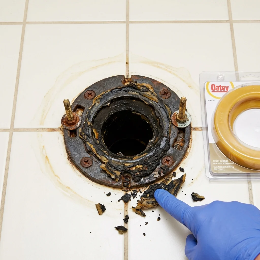 Failed wax ring showing water seepage at the base of a toilet in a East Palatka, FL home