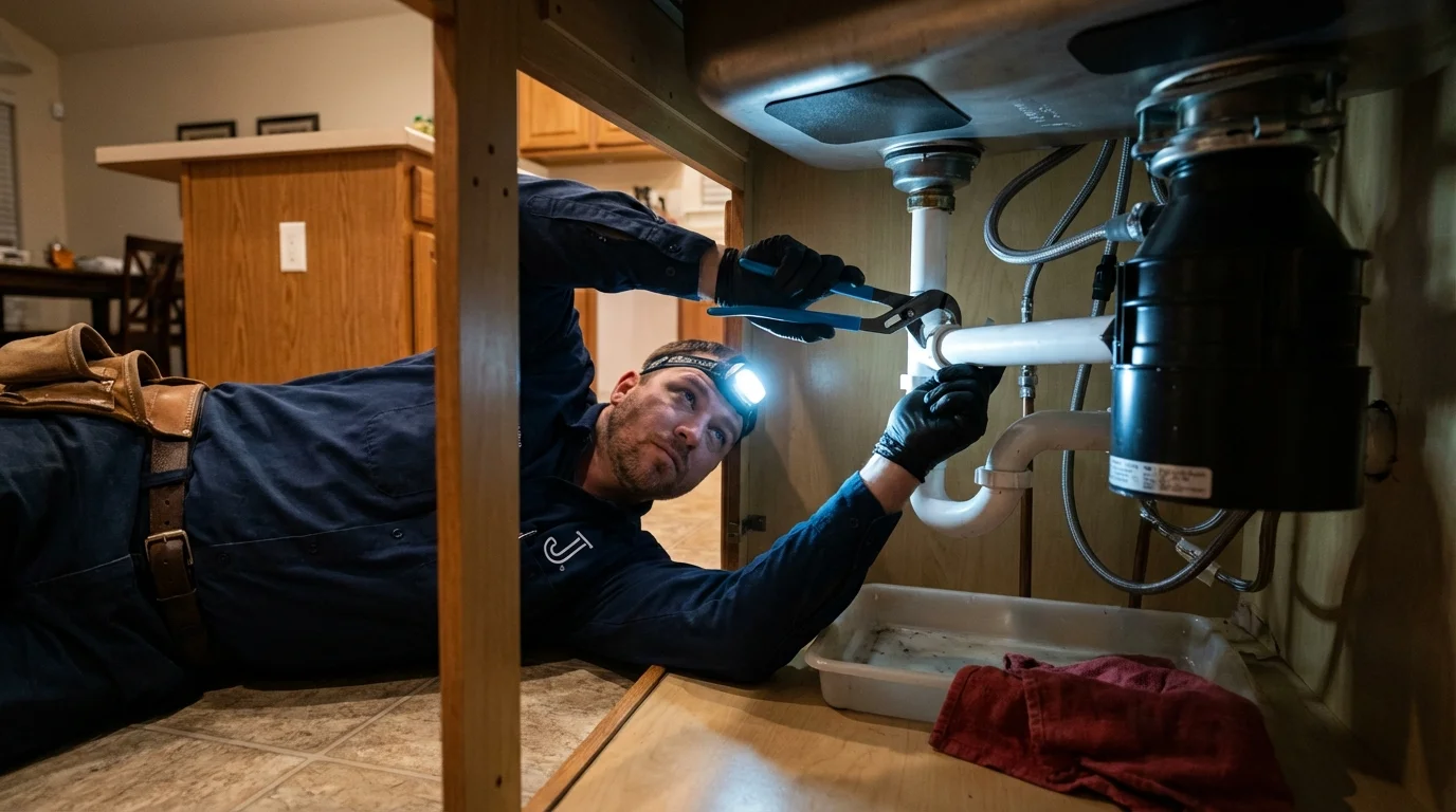 P-trap and supply line connections under a kitchen sink showing a common leak point in East Palatka, FL